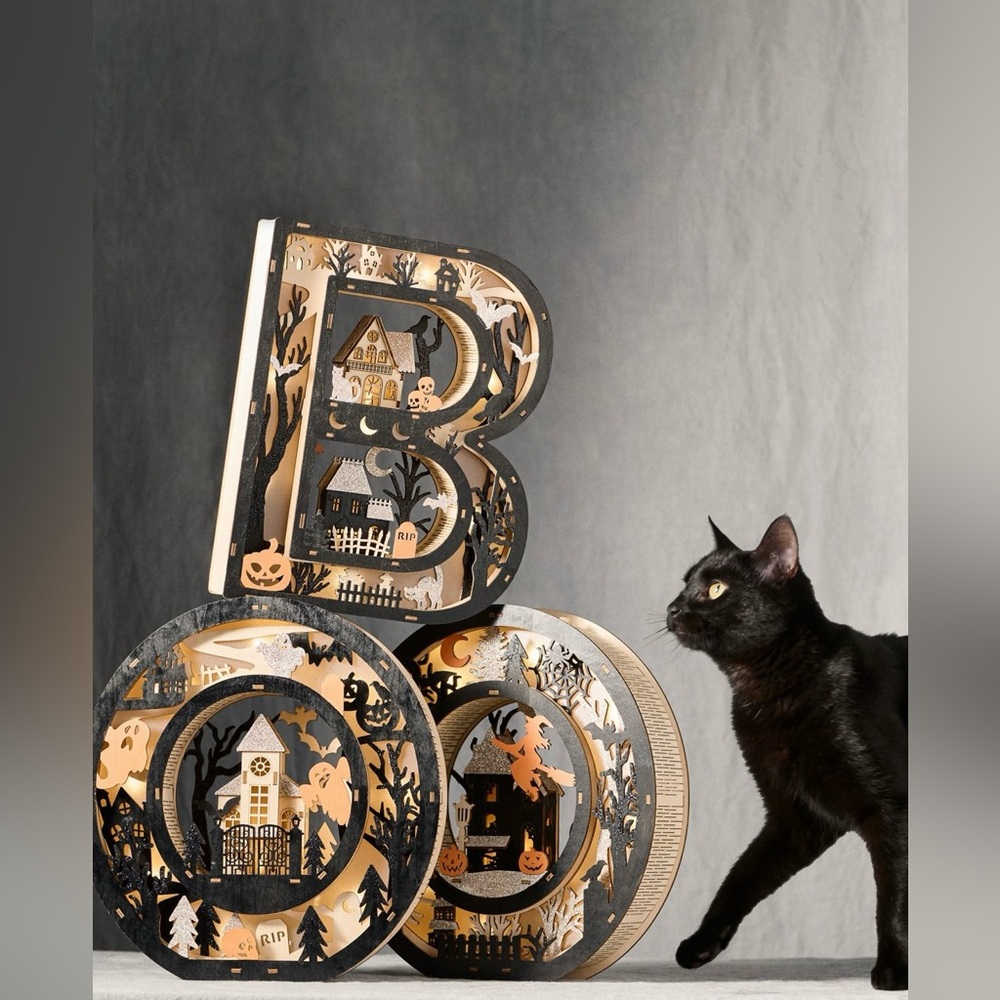 Anthropologie Halloween Wooden BOO Light-Up Wood Mantle Letters NEW
